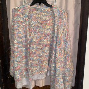 SHEIN Qutie Plus Flecked Knit Lantern Sleeve Open Front Cardigan